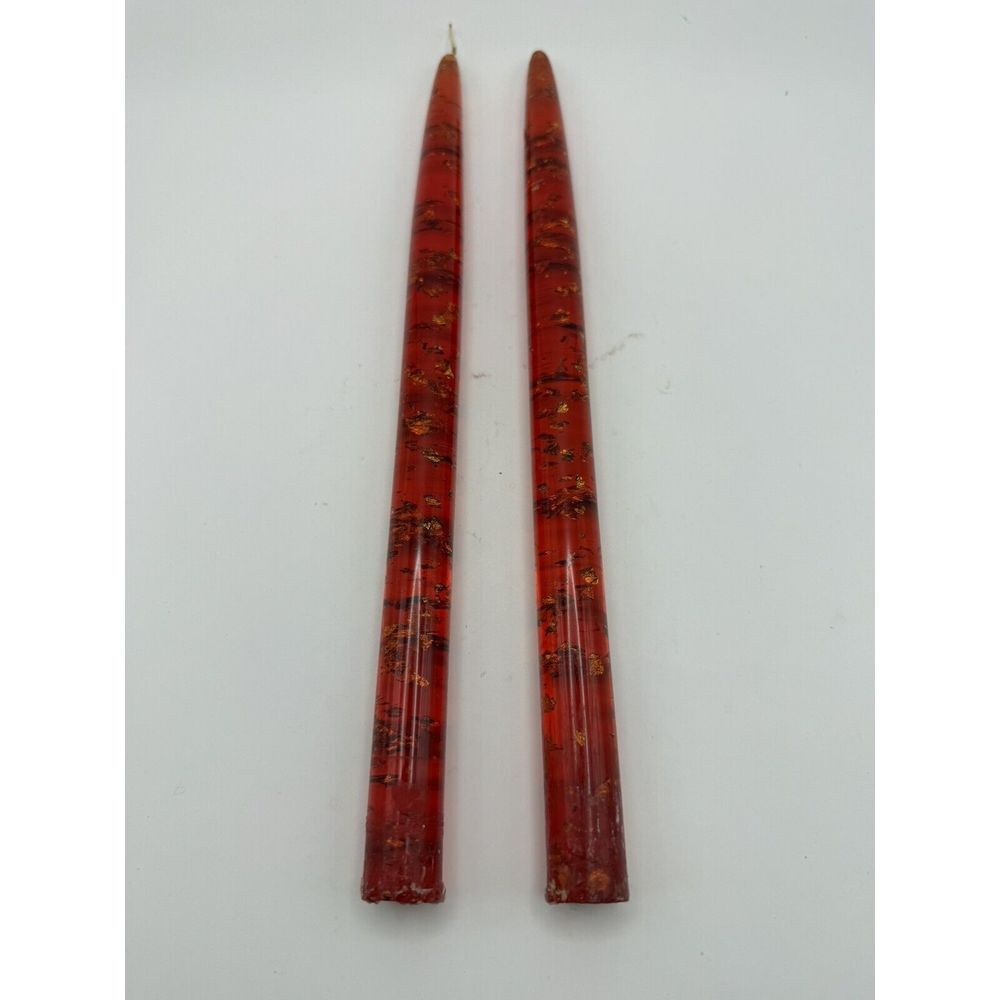Vintage MCM Red Acrylic Lucite 12" Taper Candles with‎ Gold Flecks RARE